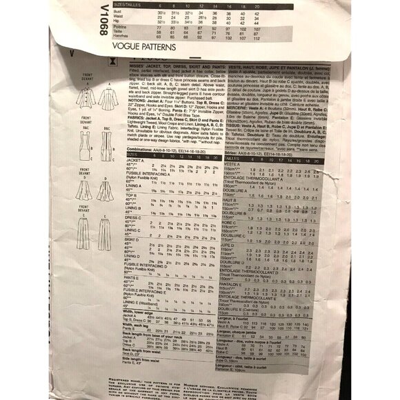 Sewing Pattern Vogue V1068 Wardrobe Jacket Top Skirt Pants Suit 4 Option 6-12 - Picture 5 of 6